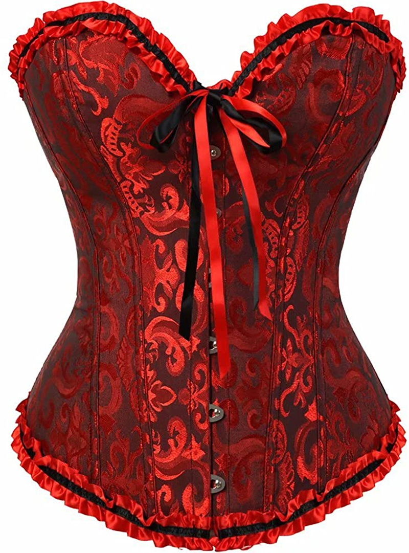 Corset Top Bustier Women'S Overbust Satin Floral Lace up Trim plus Size Bodyshaper Apparel & Accessories > Clothing > Underwear & Socks > Lingerie jutrisujo Blackred 819 X-Large
