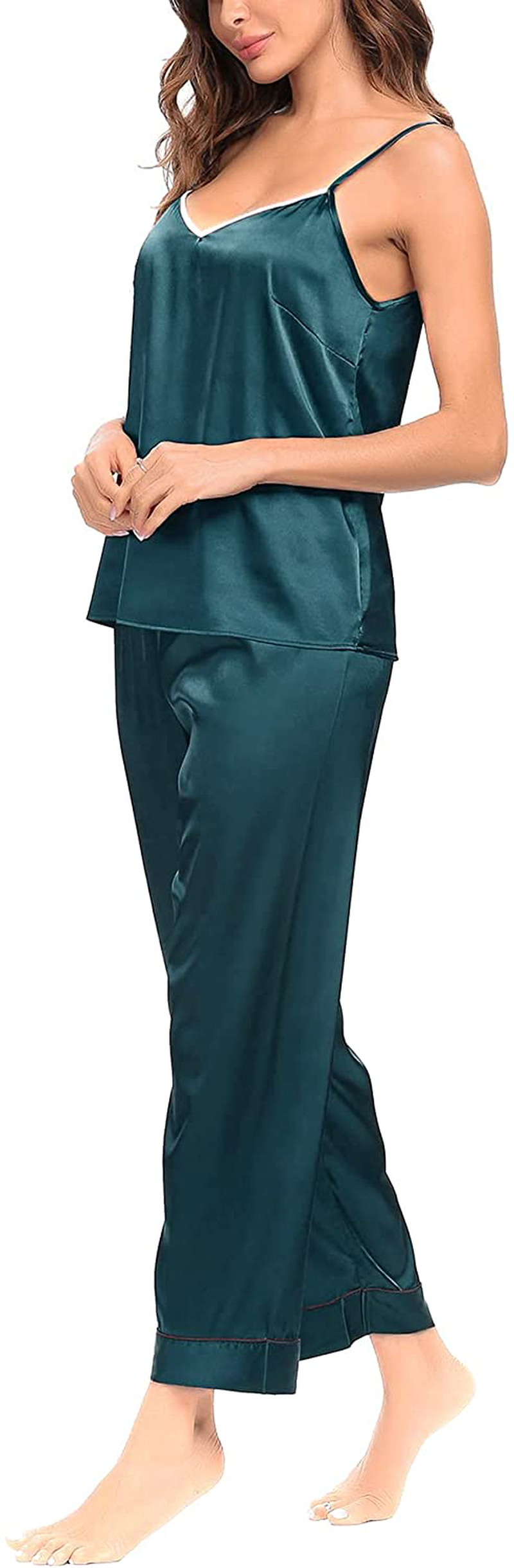 SWOMOG Womens Silk Satin Pajamas Set Two-Piece Pj Sets Cami Top and Capris Pants Sleepwear Apparel & Accessories > Clothing > Sleepwear & Loungewear Kylie Max