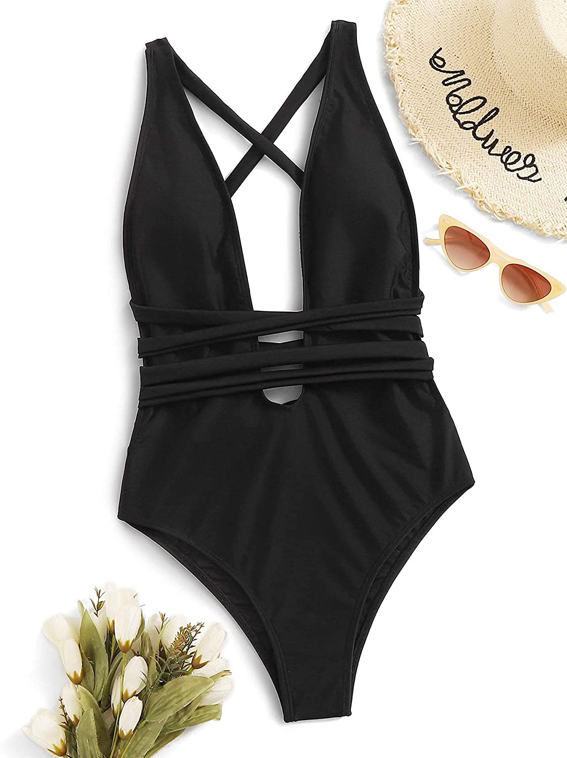 Sweatyrocks Women'S Sexy Basic Criss Cross Tie Knot Front Deep V Open Back One Piece Swimwear Apparel & Accessories > Clothing > Swimwear Kylie Max
