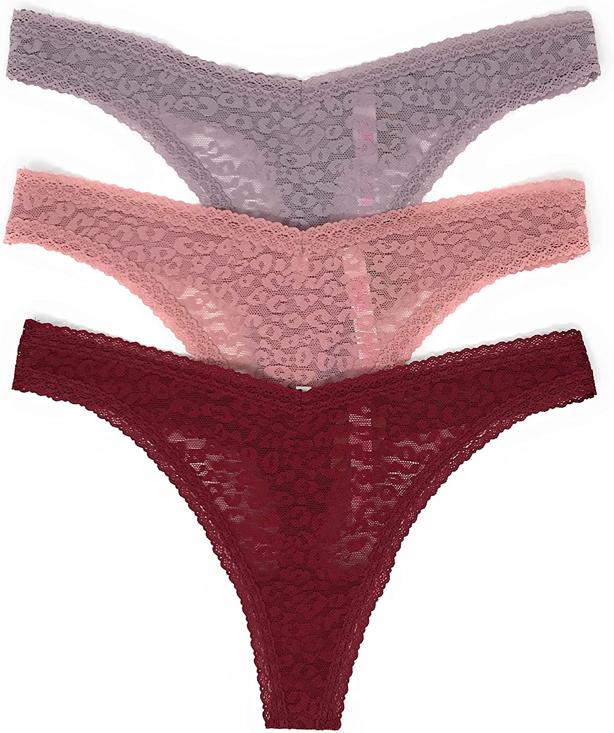 Victoria's Secret PINK Thong Panty Set of 3 Apparel & Accessories > Clothing > Underwear & Socks > Underwear Victoria's Secret Leo Lace Mauve / Damsel Pink / Cranberry Medium