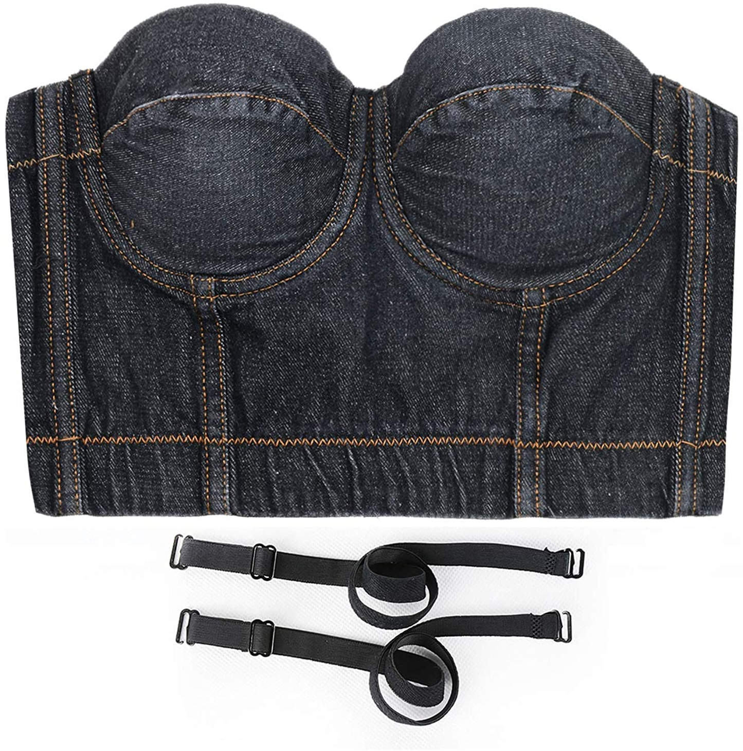 ELLACCI Women'S Denim Bustier Crop Top Jean Corset Top Bra with Detachable Straps Apparel & Accessories > Clothing > Underwear & Socks > Lingerie ELLACCI