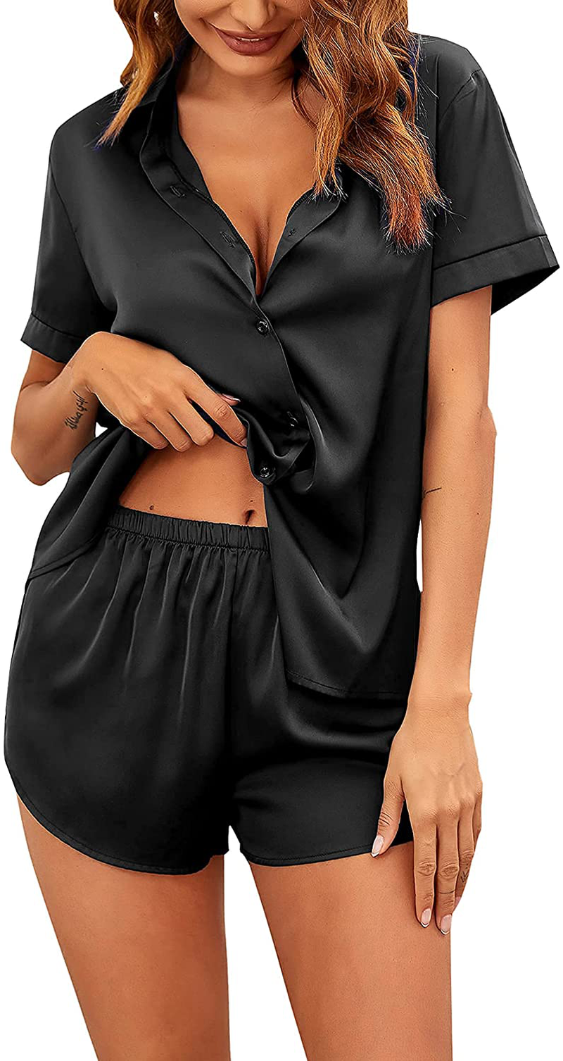 Ekouaer Satin Pajamas Set for Women Short Sleeve Button-Down Tops and Shorts 2 Piece Pjs Silk Sleepwear Apparel & Accessories > Clothing > Sleepwear & Loungewear Kylie Max