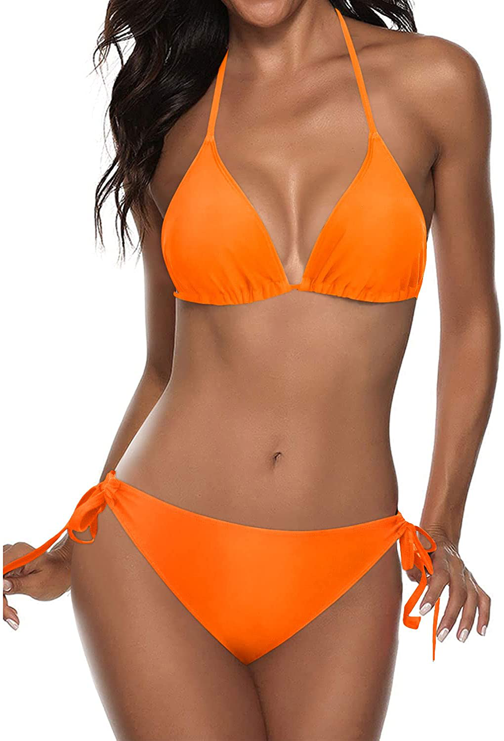 Tempt Me Women Two Piece Halter Padded Top Tie Side Bottom Triangle Bikini Bathing Suit Apparel & Accessories > Clothing > Swimwear KYLIE MAX Bright Orange X-Large