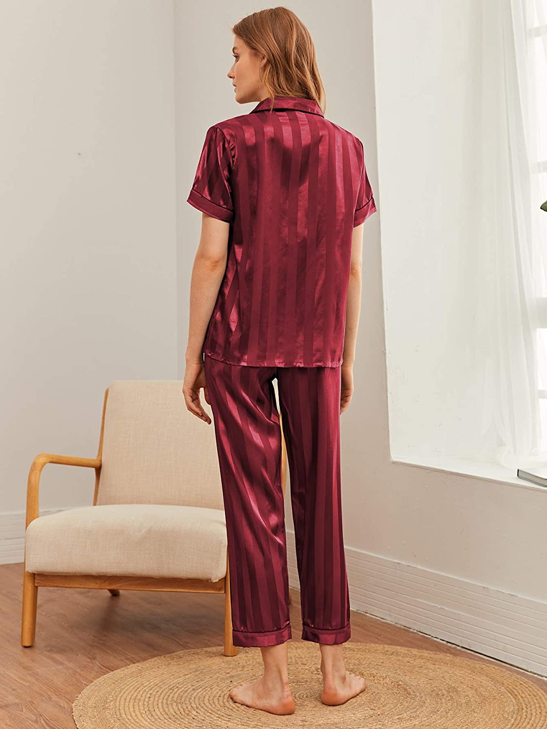 WDIRARA Women'S Silk Satin Pajama Set 4 Pieces Sleepwear Loungewear Pj Sets Apparel & Accessories > Clothing > Sleepwear & Loungewear Kylie Max