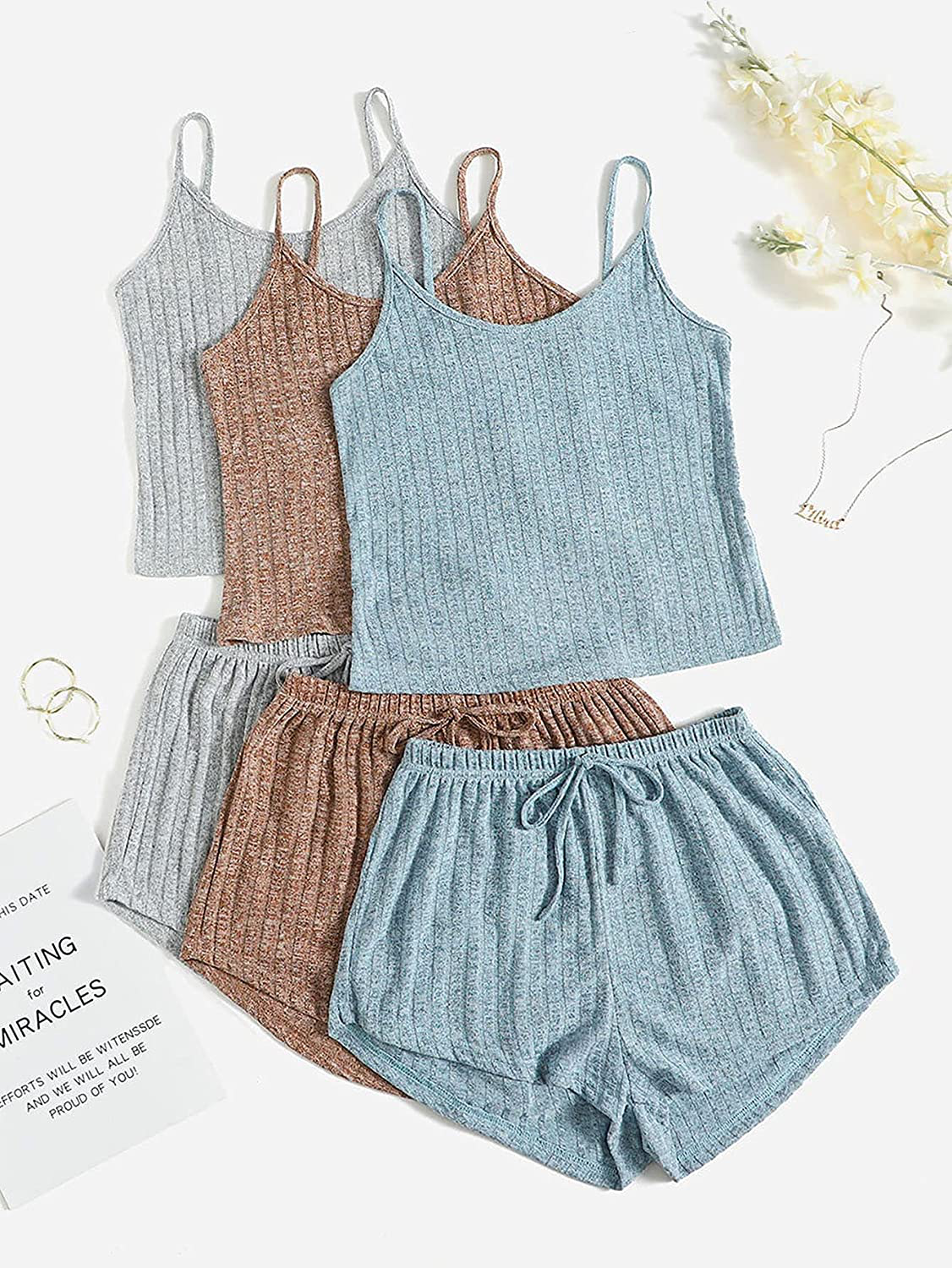 Shein Women'S 3 Sets Rib Knit Lounge Set Crop Cami Top and Tie Front Shorts Sleepwear Pajama Set Apparel & Accessories > Clothing > Sleepwear & Loungewear Kylie Max