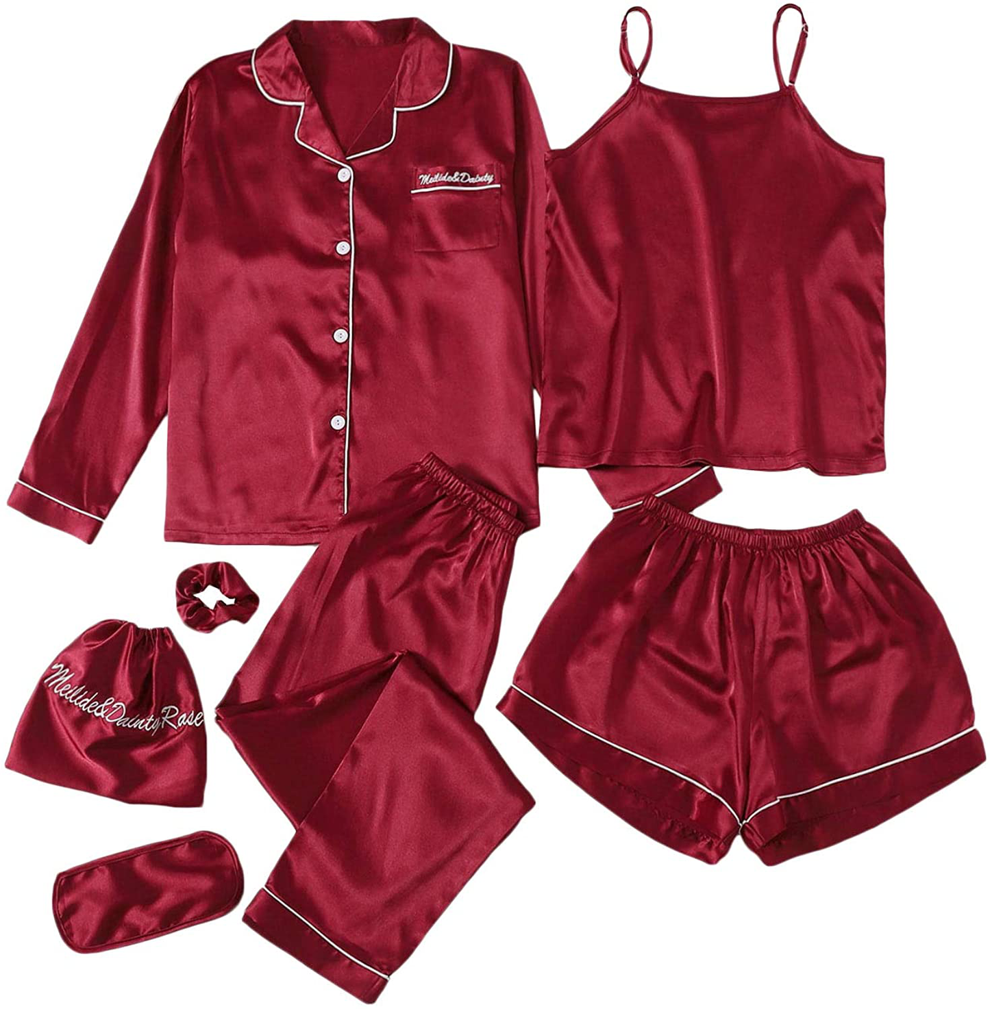 SheIn Women's 7pcs Pajama Set Cami Pjs with Shirt and Eye Mask Apparel & Accessories > Clothing > Sleepwear & Loungewear > Pajamas SheIn Pure Red Medium