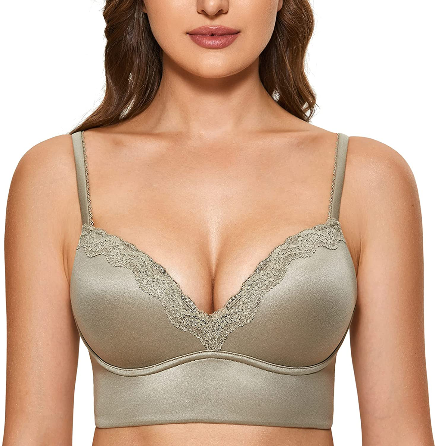 DOBREVA Women's Push Up Bra Wireless Padded Bralette Lace Longline Support Bras Apparel & Accessories > Clothing > Underwear & Socks > Bras DOBREVA Olive Grey 38C
