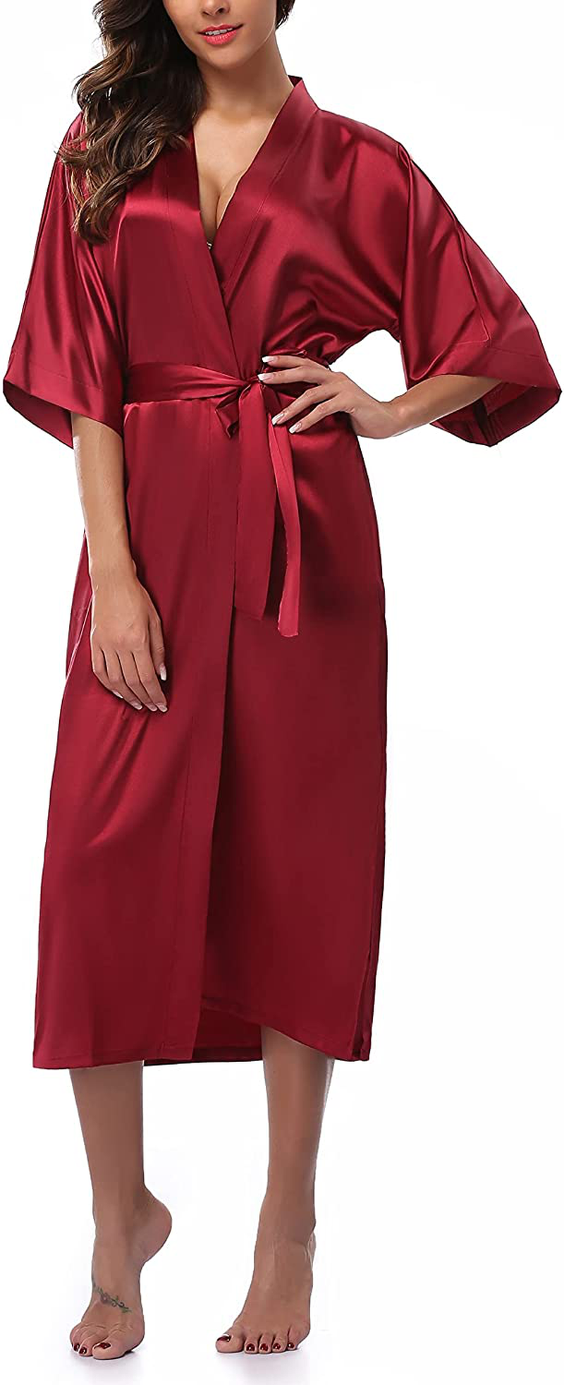 Witbuy Women'S Long Satin Robe Sexy Lightweight Bathrobe Pure Color Sleepwear plus Size Apparel & Accessories > Clothing > Sleepwear & Loungewear > Robes WitBuy Wine Small