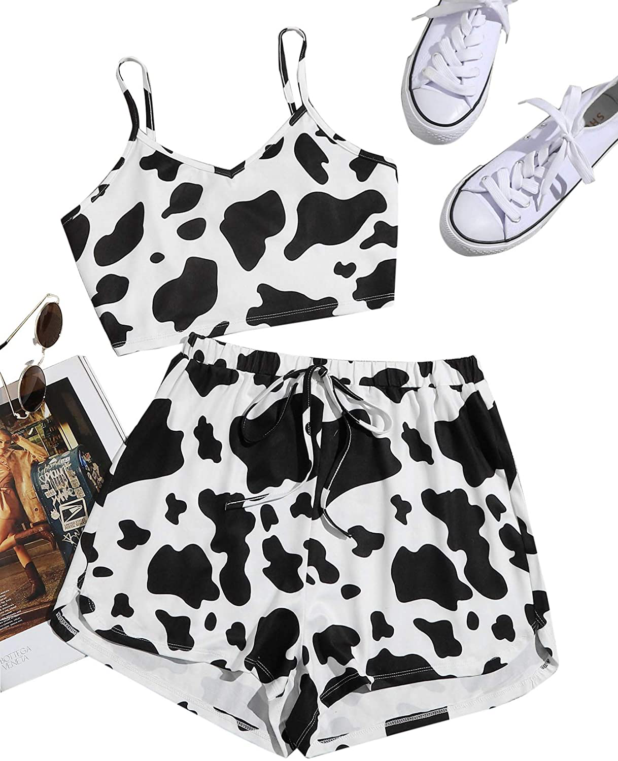 Shein Women'S Sleepwear Set Cow Print Cami Top with Drawstring Shorts Casual Cute Pajama Set Apparel & Accessories > Clothing > Sleepwear & Loungewear Kylie Max