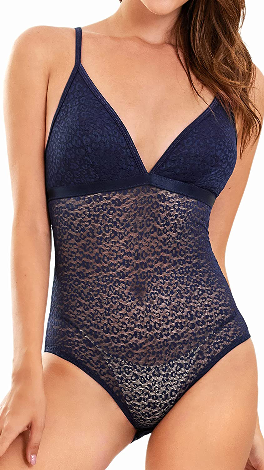 SHEKINI Women’s One Piece Lingerie Padded Leopard Teddy Mesh Bodysuit Apparel & Accessories > Clothing > Underwear & Socks > Lingerie KYLIE MAX Blue X-Large