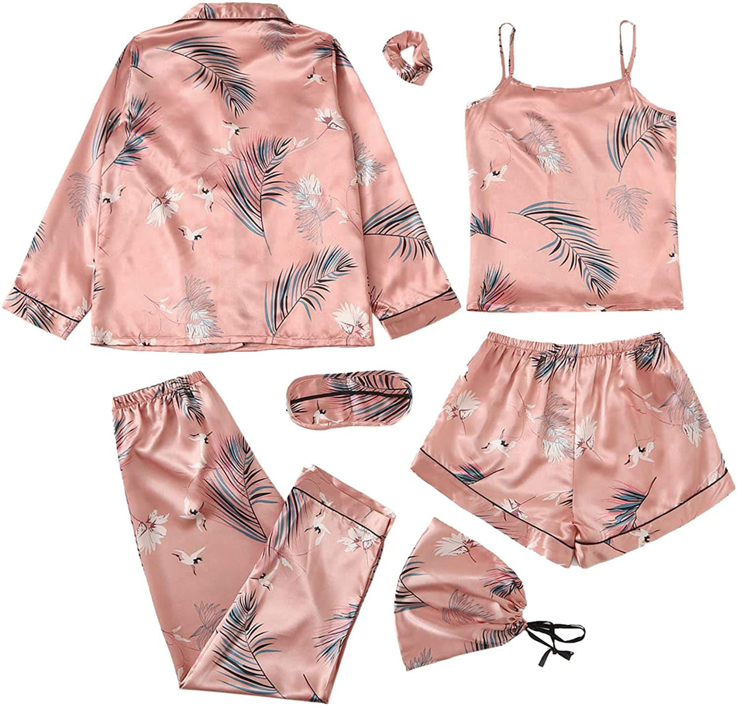 Shein Women'S 7Pcs Pajama Set Cami Pjs with Shirt and Eye Mask Apparel & Accessories > Clothing > Sleepwear & Loungewear Kylie Max