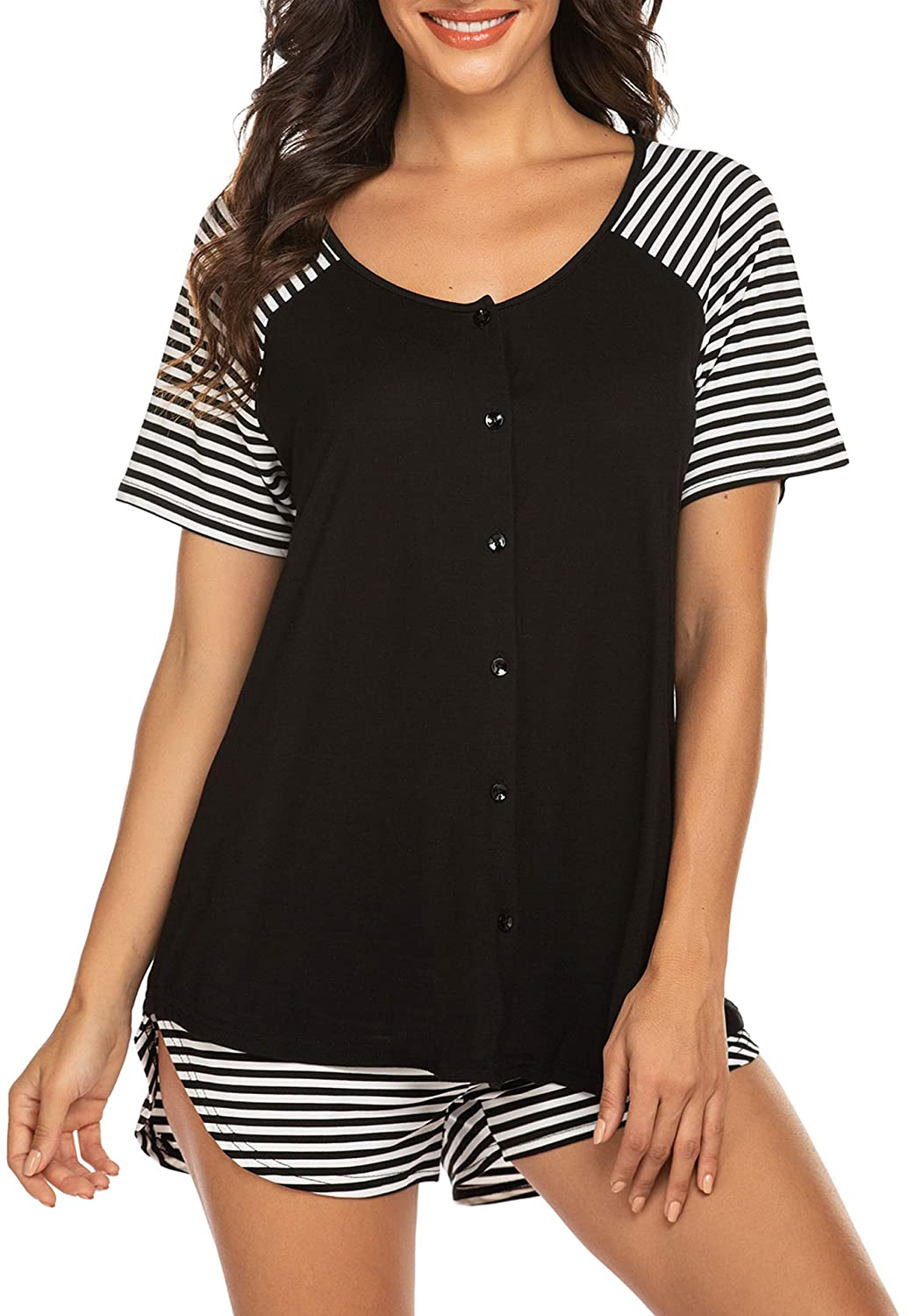 Ekouaer Women's Pajama Short Sleeve Sleepwear Soft Pj Set Top and Shorts Pajamas Set Apparel & Accessories > Clothing > Sleepwear & Loungewear > Pajamas Ekouaer Style 1_black Striped Large