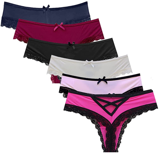 Gefyvuxrm Womens Cheeky Lingerie Underwear Lace Trim Panties Sexy Hipster 5 Pack Apparel & Accessories > Clothing > Underwear & Socks > Underwear AIDOVEI Thongs- 6 Pack X-Large