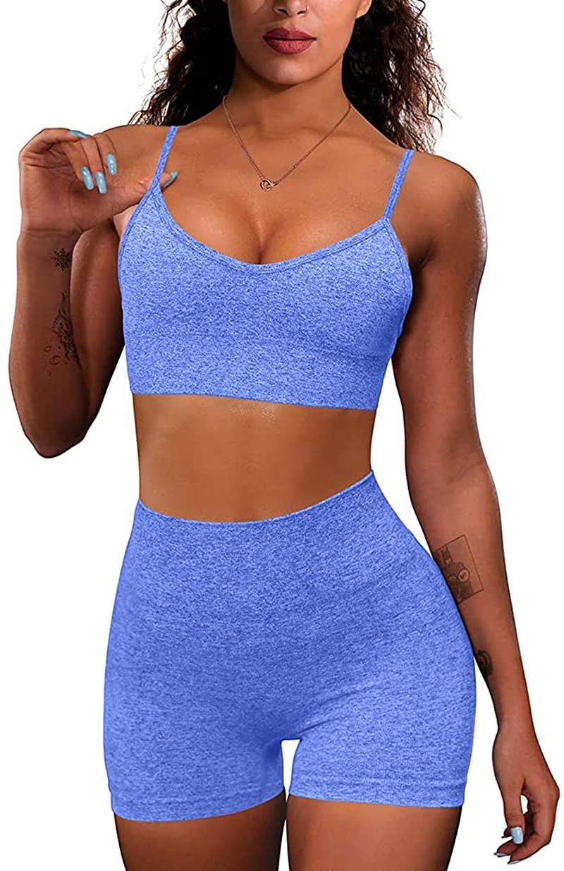 OQQ Yoga Outfit for Women Seamless 2 Piece Workout Gym High Waist Leggings with Sport Bra Set Apparel & Accessories > Clothing > Underwear & Socks > Lingerie HZSN A: Blue Large