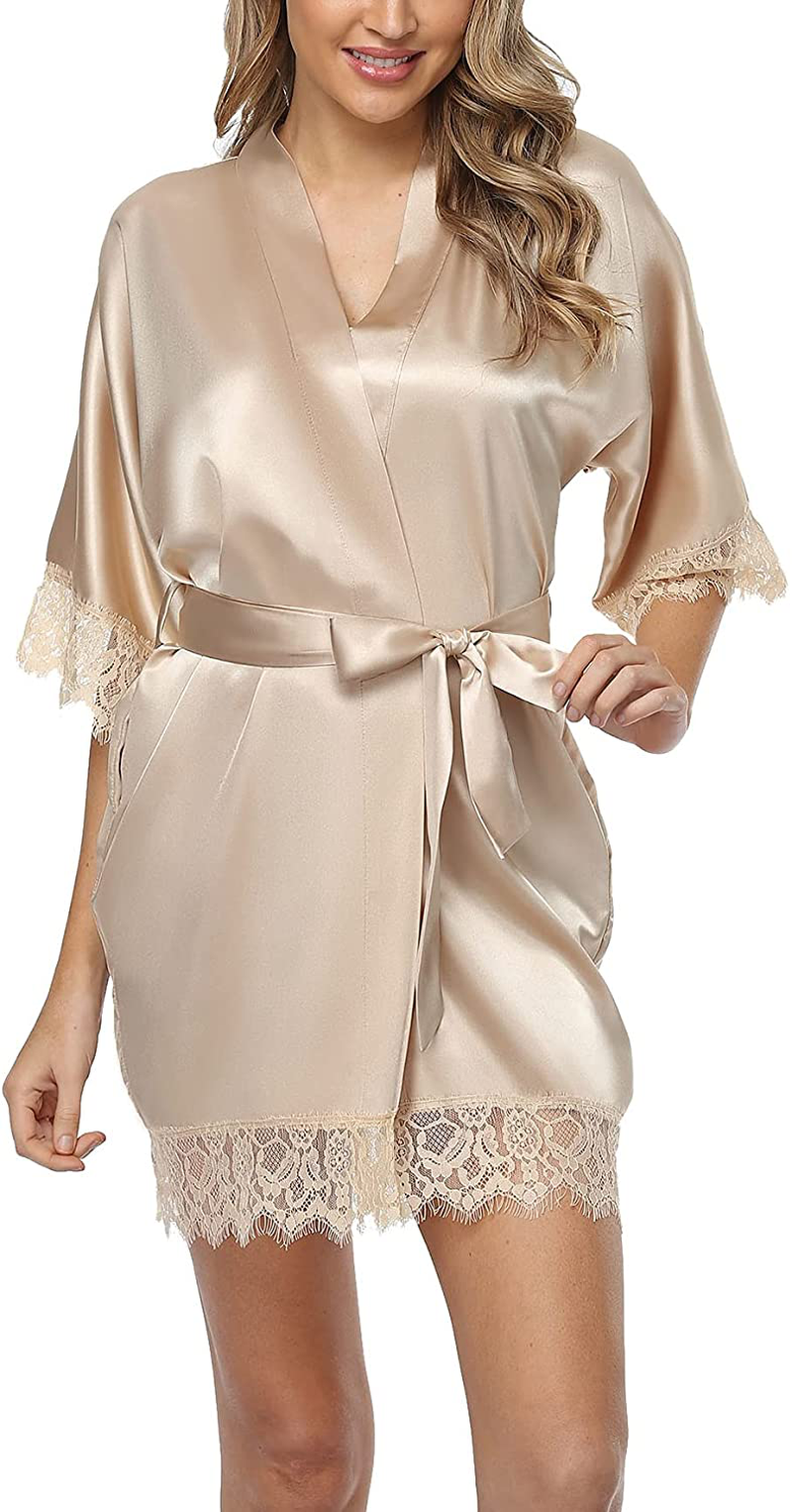 Old-Times Women Satin Short Robes for Bridesmaid Bride Sexy Nightgown Lace Trim Lightweight Bathrobe Apparel & Accessories > Clothing > Sleepwear & Loungewear > Robes Old-Times