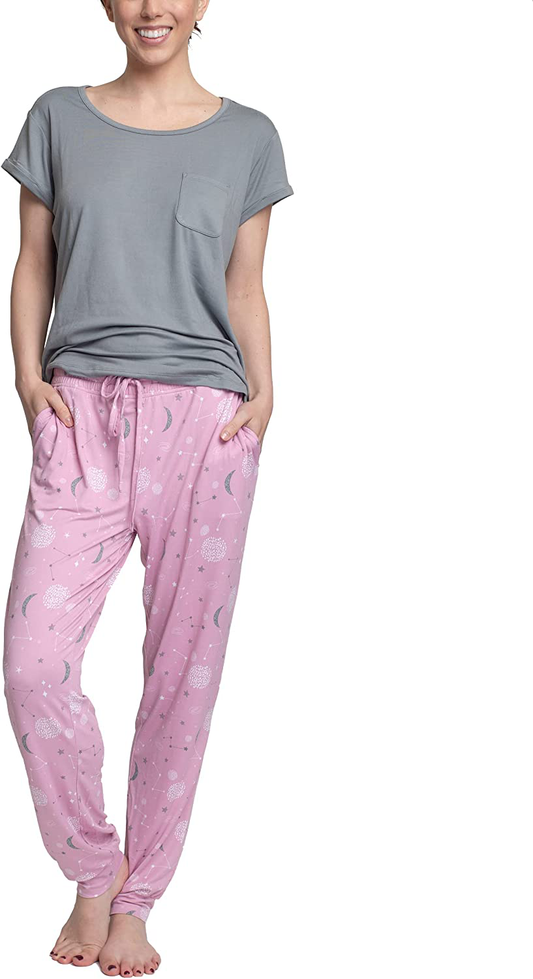 Hanes Women's Short Sleeve Top and Jogger Pant Cargo Pajama Sleep Set with Pockets Apparel & Accessories > Clothing > Sleepwear & Loungewear > Pajamas Hanes Grey/Celestial X-Large