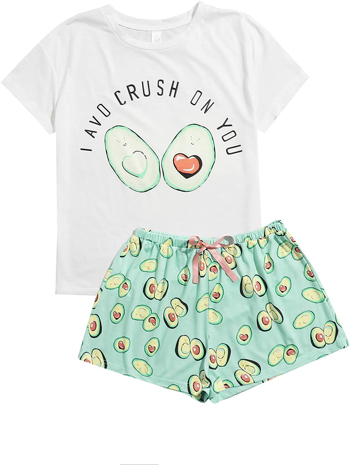 DIDK Women's Cute Cartoon Print Tee and Shorts Pajama Set Apparel & Accessories > Clothing > Sleepwear & Loungewear > Pajamas DIDK Avocado Green Medium