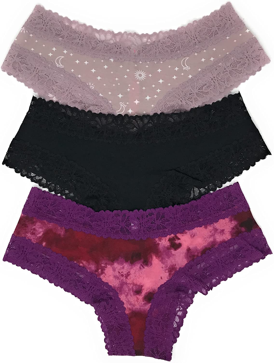 Victoria'S Secret Pink Cheekster Panty Set of 3 Victoria's Secret Lace Trim Mauve Celestial / Black / Purple Tie Dye Medium