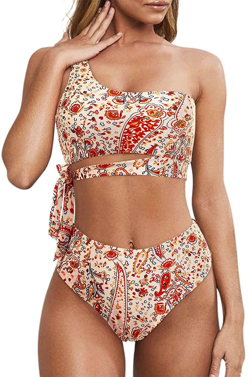 MOOSLOVER Women One Shoulder High Waisted Bikini Tie High Cut Two Piece Swimsuits Apparel & Accessories > Clothing > Swimwear MOOSLOVER Orange Flower Small