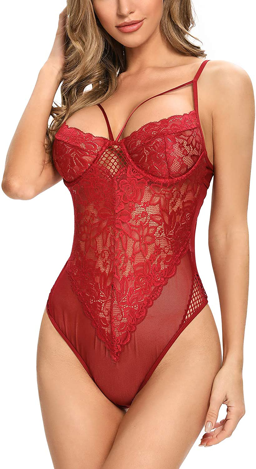 Garmol Womens Teddy Lingerie, Lace Underwear Cups Mesh Bodysuit Deep V Neck One Piece Babydoll, XS-XL Apparel & Accessories > Clothing > Underwear & Socks > Lingerie Garmol