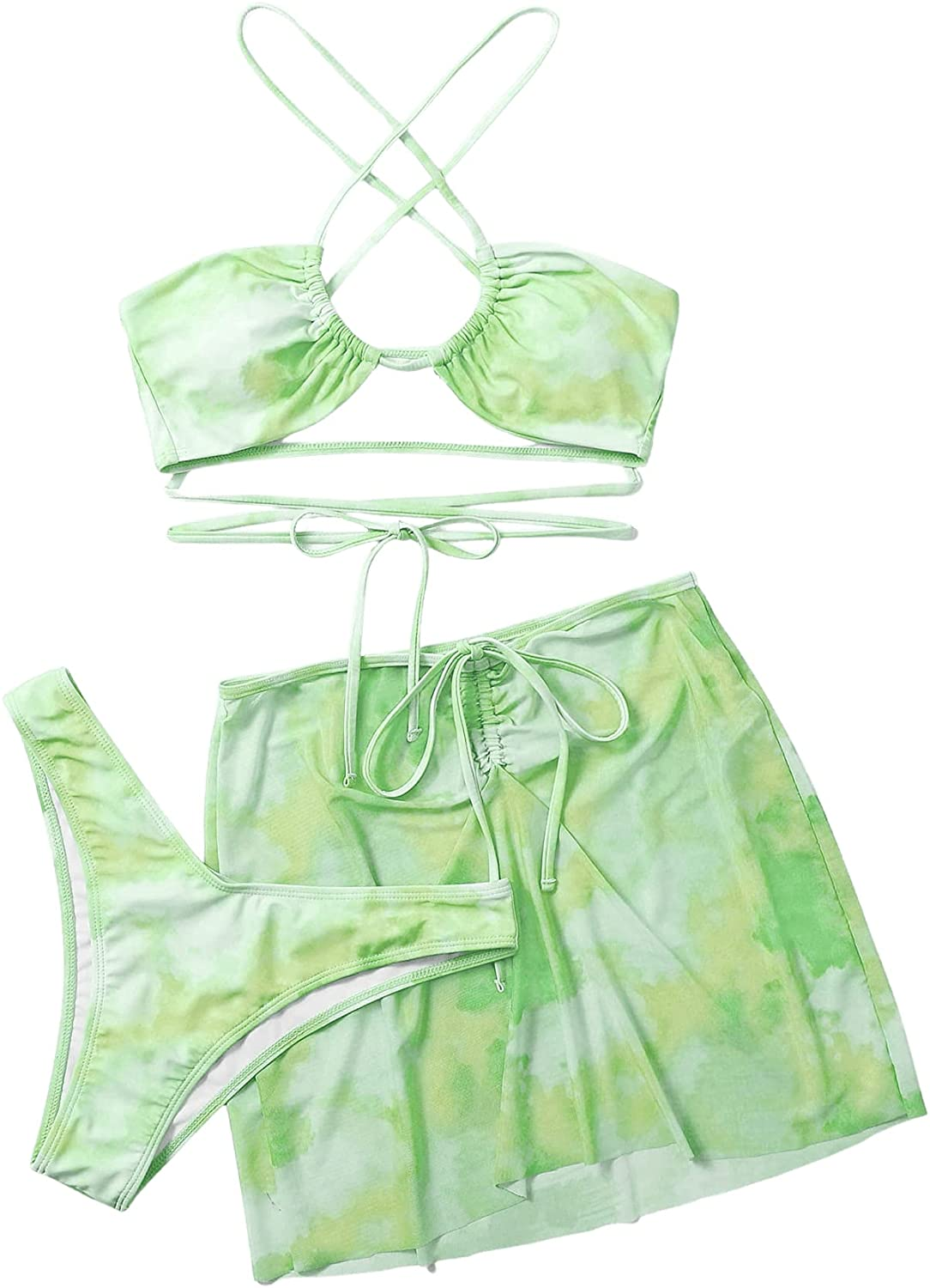 SOLY HUX Women'S Tie Dye Wrap Bikini Bathing Suits with Mesh Beach Skirt 3 Piece Swimsuits Apparel & Accessories > Clothing > Underwear & Socks > Lingerie KYLIE MAX Green Tie Dye Medium