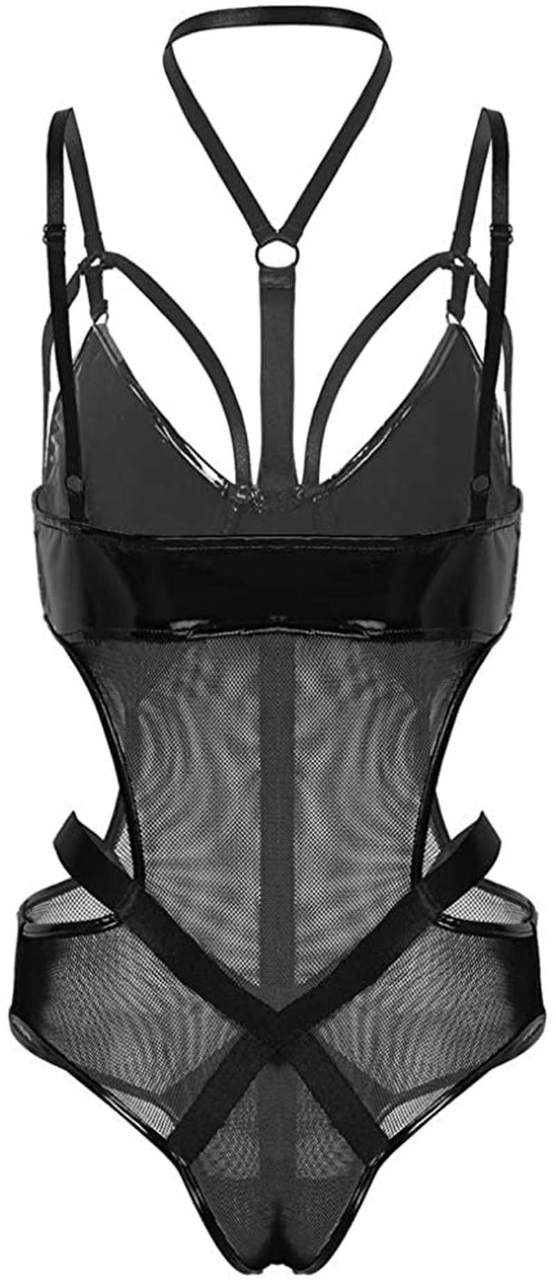 Crubelon Women’s Lingerie Leather Bodysuit Mesh Patchwork Halter Neck High Cut Leotard Bodysuit Clubwear … Apparel & Accessories > Clothing > Underwear & Socks > Lingerie Crubelon