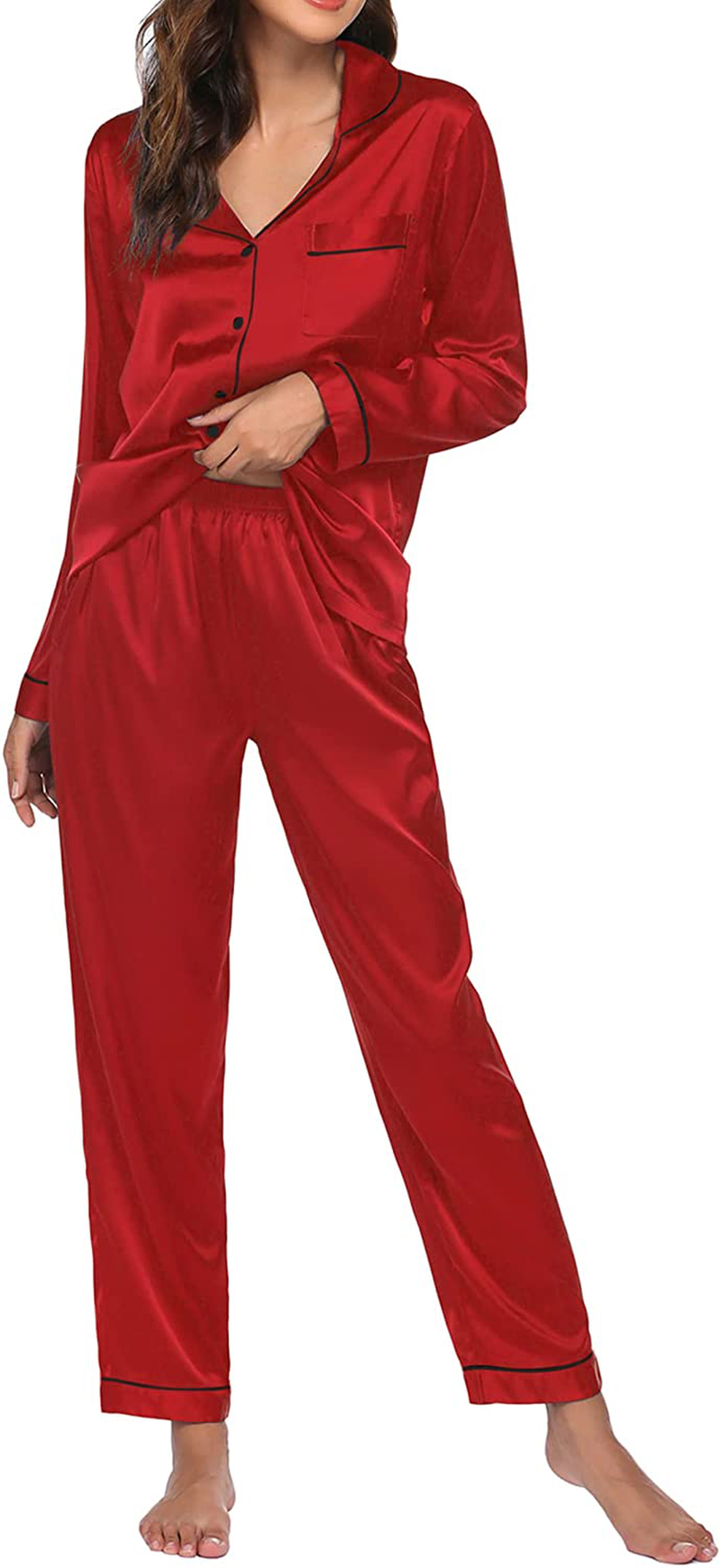 Ekouaer Satin Pajamas Women’S Long Sleeve Sleepwear Silk Soft Button down Loungewear Pjs Set S-XXL Apparel & Accessories > Clothing > Sleepwear & Loungewear > Pajamas Kylie Max