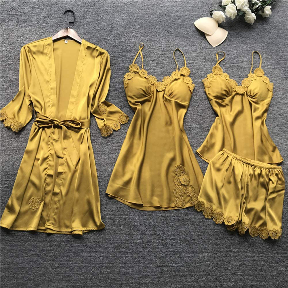 SAPJON Women'S 4Pcs Silk Satin Pajama Set Sexy Cami Top Nightgown Lace Sleepwear Robe Sets Nightdress with Chest Pads Apparel & Accessories > Clothing > Sleepwear & Loungewear Kylie Max
