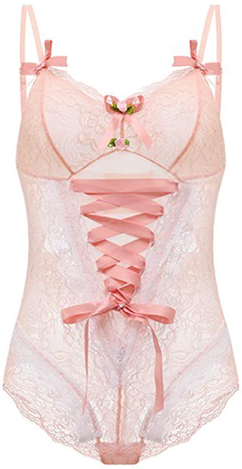 Lolita Lingerie Anime Pink Roses Lace Corset Teddies Romper Jumpsuit See Through Bodysuit for Women Apparel & Accessories > Clothing > Underwear & Socks > Lingerie Carinaca M(Waist25-36in)