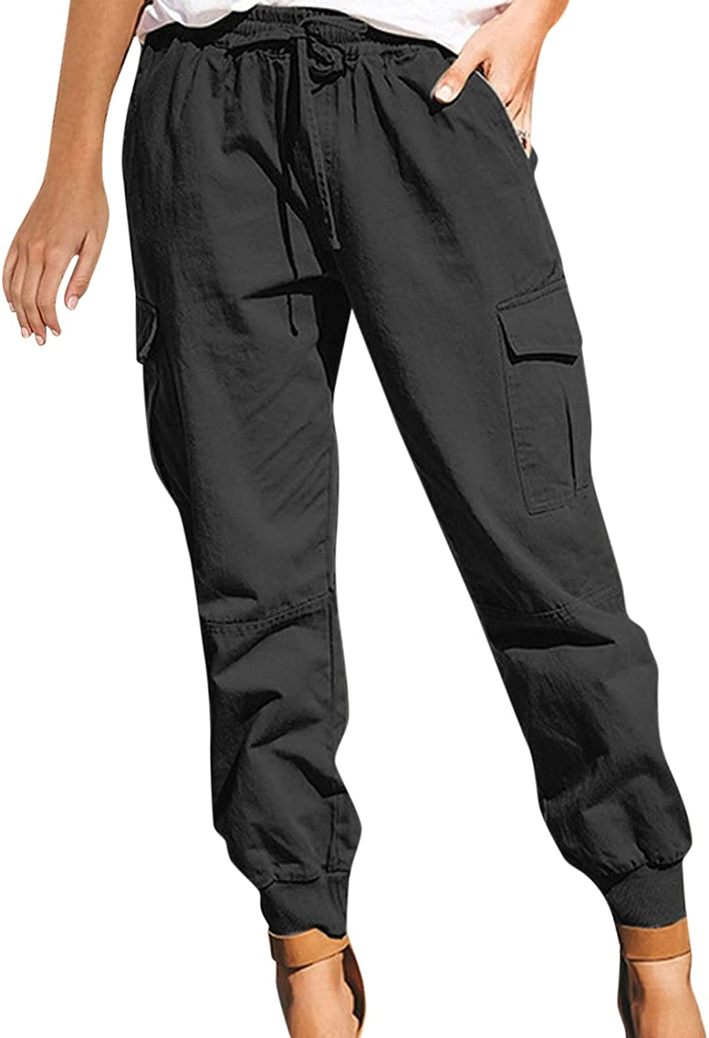 Burband Womens Cotton Elastic Waist Tactical Joggers Pants Cargo Sweatpants with Pockets Hiking Linen Yoga Lounge Trousers Apparel & Accessories > Clothing > Underwear & Socks > Shapewear Burband Black Medium