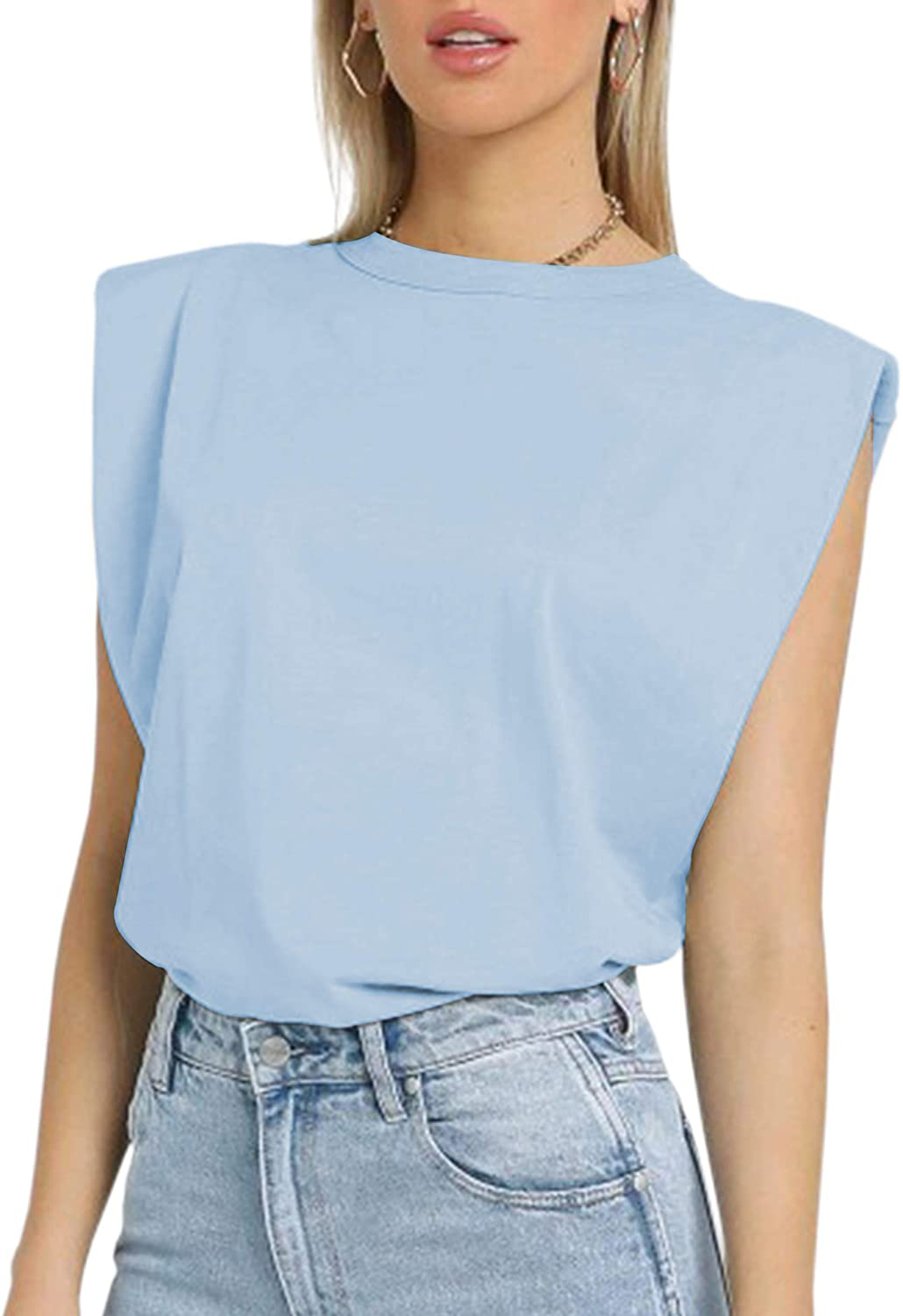 Meladyan Women’S Solid Cotton Padded Shoulder Sleeveless Tee Vest Crew Neck Loose Tank Tops Apparel & Accessories > Clothing > Activewear Kylie Max