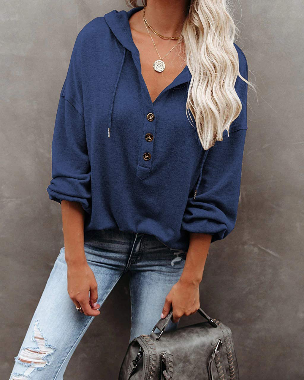 REVETRO Womens V Neck Long Sleeve Henley Shirts Button down Sweatshirts Hoodies Tunic Tops with Drawstring Apparel & Accessories > Clothing > Activewear Kylie Max