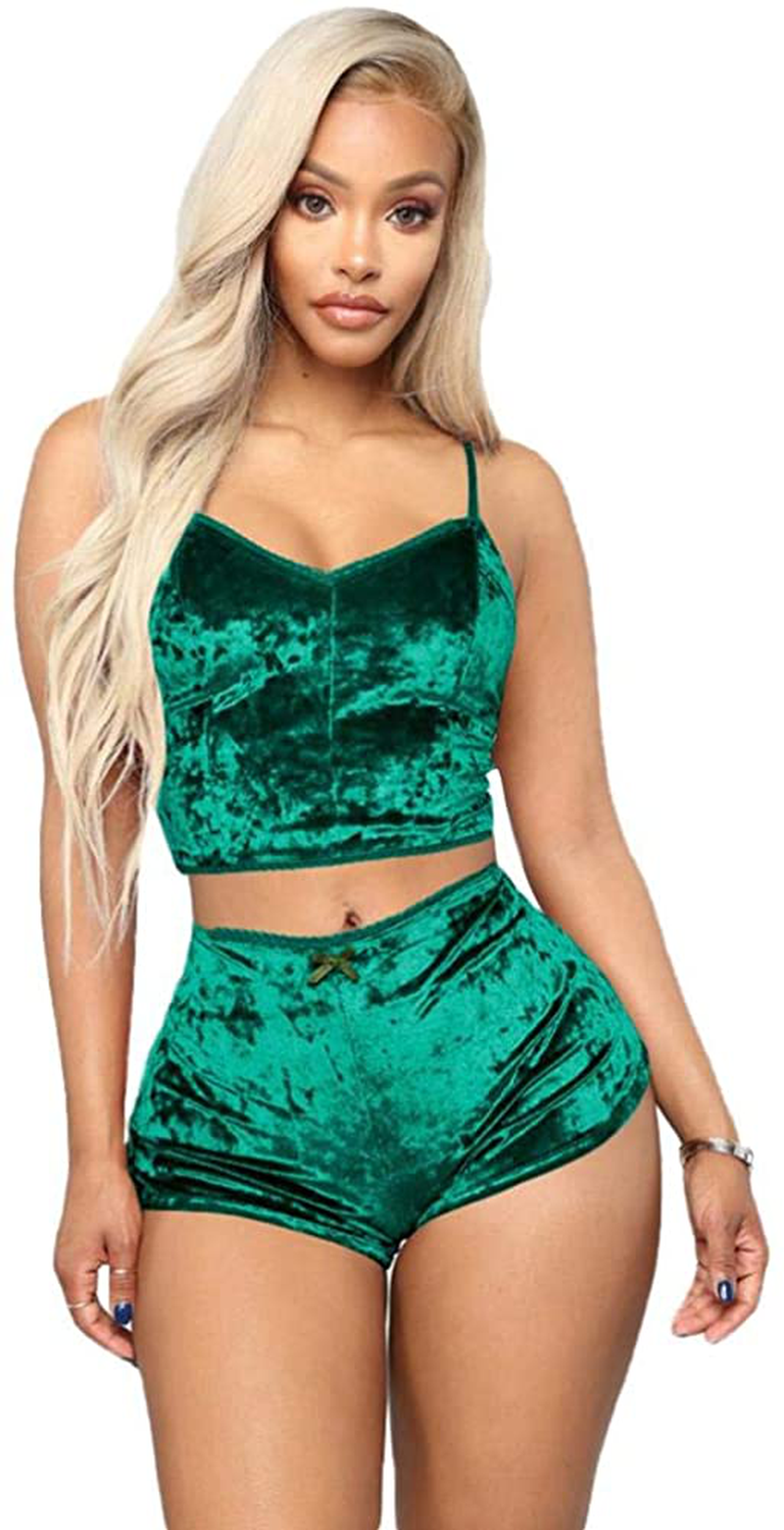 Women Sexy Velvet 2 Piece Outfit Spaghetti Strap Leopard Tie Dye Cami Crop Top + Shorts Bottom Sleepwear Pajama Set Nightwear Apparel & Accessories > Clothing > Sleepwear & Loungewear Kylie Max