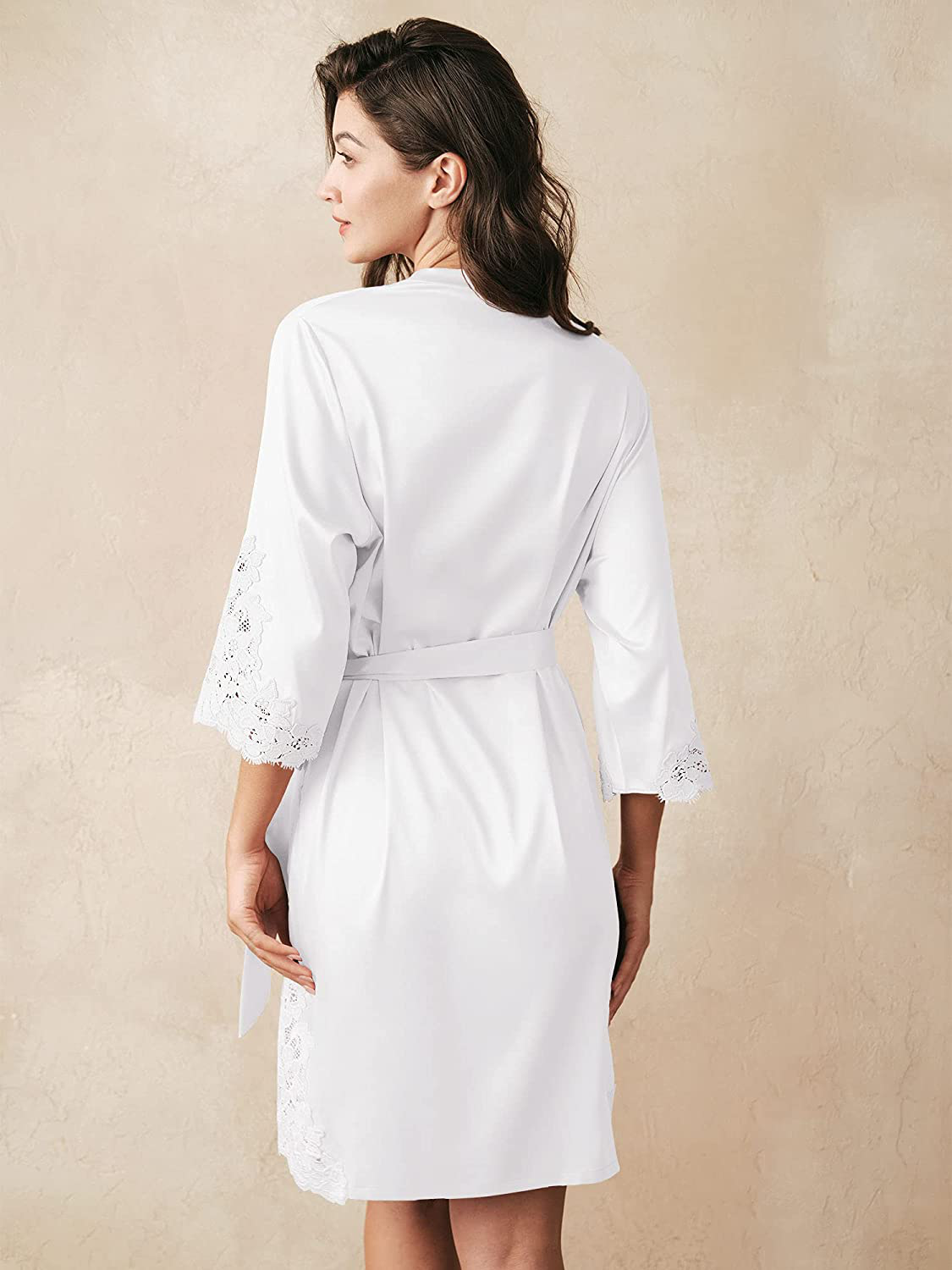 AW BRIDAL Women'S Satin Robe Lace Trim Kimono Silk Robe Short Bridal Party Robes for Brides Bridesmaids Wedding Loungewear Apparel & Accessories > Clothing > Sleepwear & Loungewear > Robes AW BRIDAL