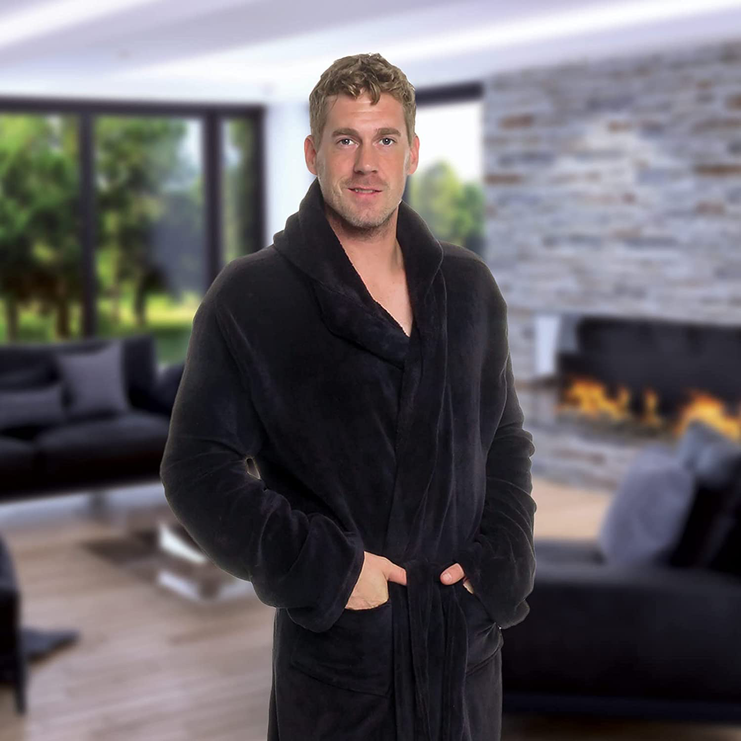 Ross Michaels Mens Robe with Hood - Mid Length - Plush Shawl Collar Fleece Bathrobe Apparel & Accessories > Clothing > Sleepwear & Loungewear > Robes Kylie Max