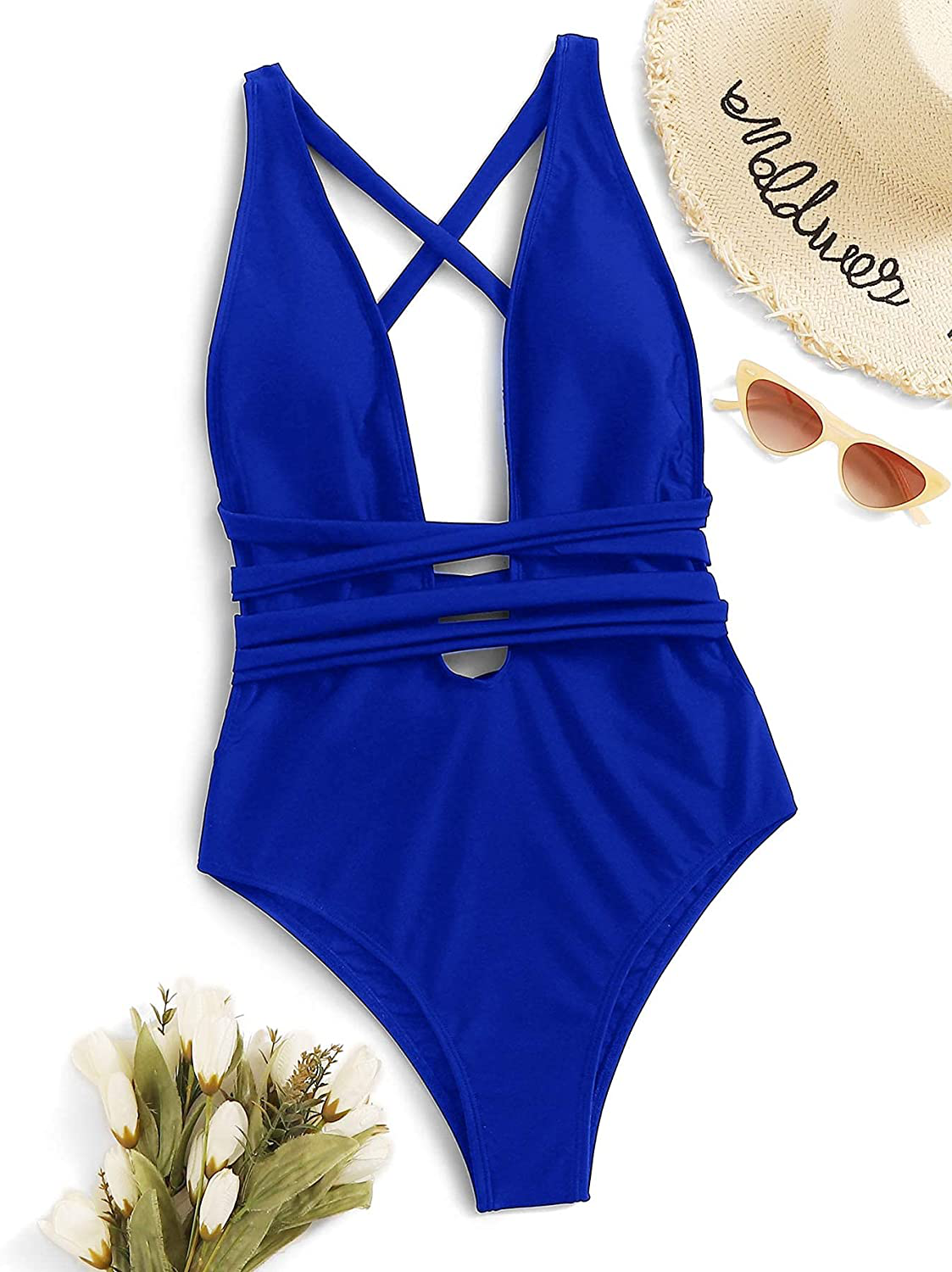 Sweatyrocks Women'S Sexy Basic Criss Cross Tie Knot Front Deep V Open Back One Piece Swimwear Apparel & Accessories > Clothing > Swimwear Kylie Max