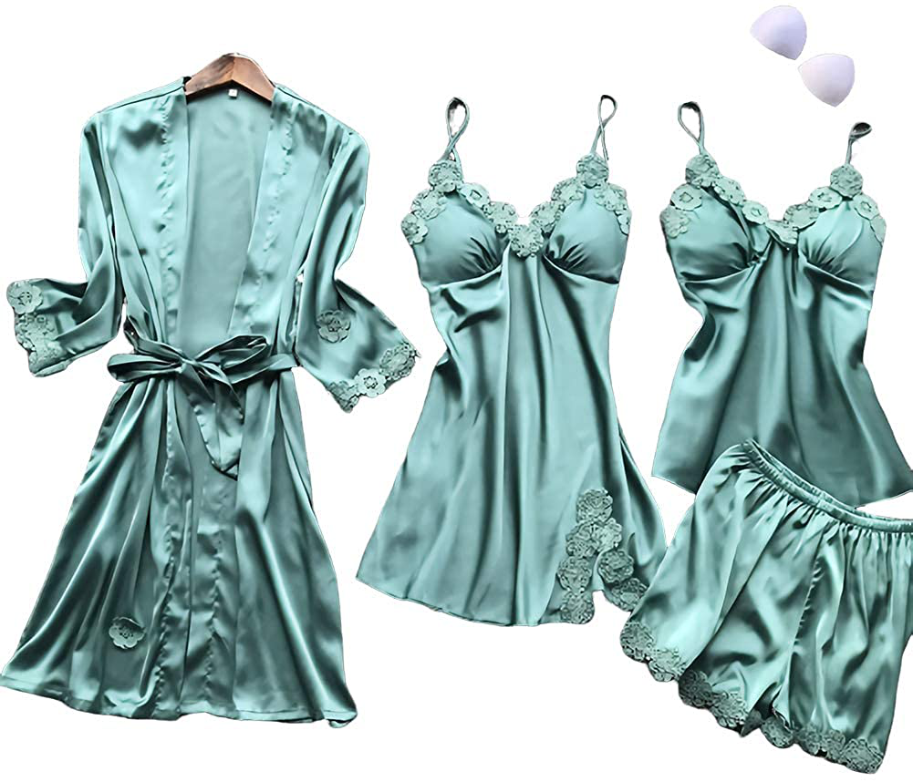 SAPJON Women'S 4Pcs Silk Satin Pajama Set Sexy Cami Top Nightgown Lace Sleepwear Robe Sets Nightdress with Chest Pads Apparel & Accessories > Clothing > Sleepwear & Loungewear Kylie Max