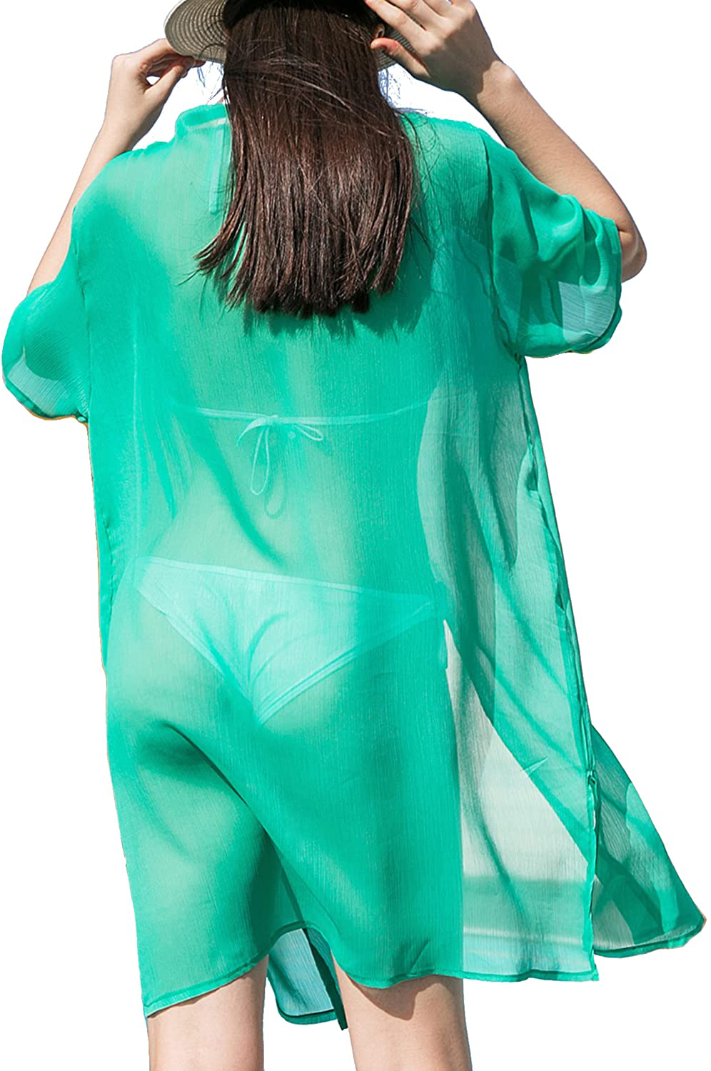 LA CARRIE Women'S Chiffon Kimono Cardigan Cover up with Half Sleeve Summer Sheer Beachwear Swimsuit for Bikini Apparel & Accessories > Clothing > Swimwear Kylie Max