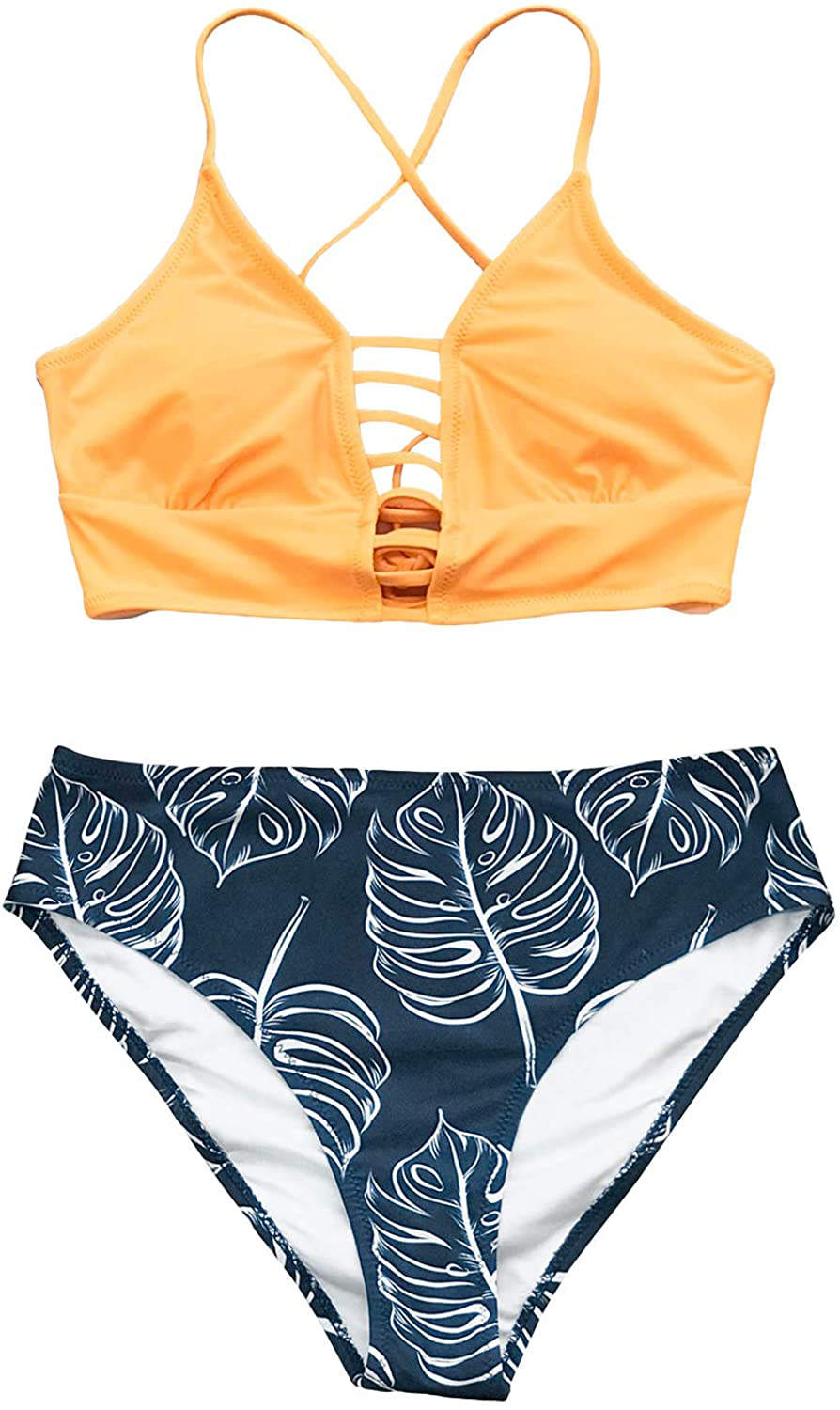 CUPSHE Women’s Bikini Swimsuit Floral Print Lace Up Multi Color Strappy Two Piece Bathing Suit Apparel & Accessories > Clothing > Swimwear KYLIE MAX Orange Dark Blue XX-Large