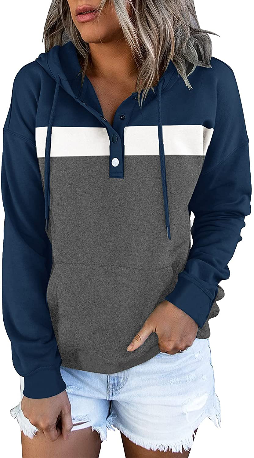 Women'S Casual Color Block Hoodies Long Sleeve Tops Button down Drawstring Pullover Sweatshirts with Pocket Apparel & Accessories > Clothing > Activewear Kylie Max