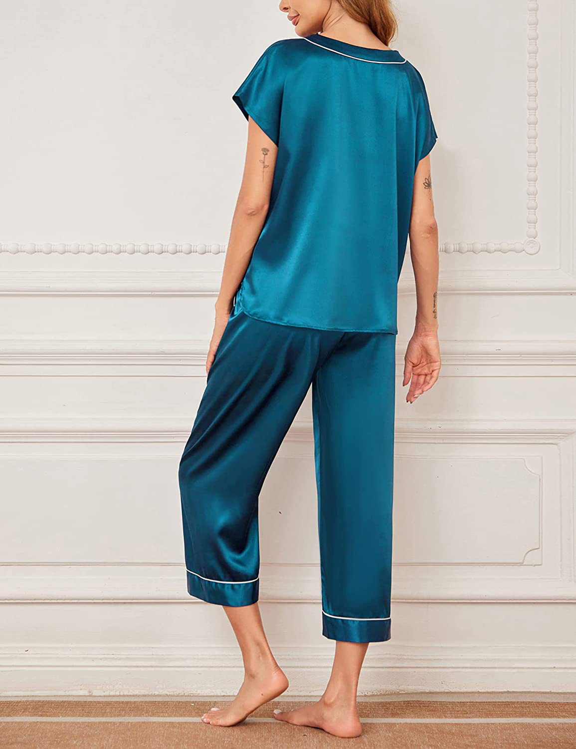 Ekouaer Women Silk Satin Pajamas Button down Lounge Sets Short Sleeve Sleepwear Apparel & Accessories > Clothing > Sleepwear & Loungewear > Pajamas Kylie Max