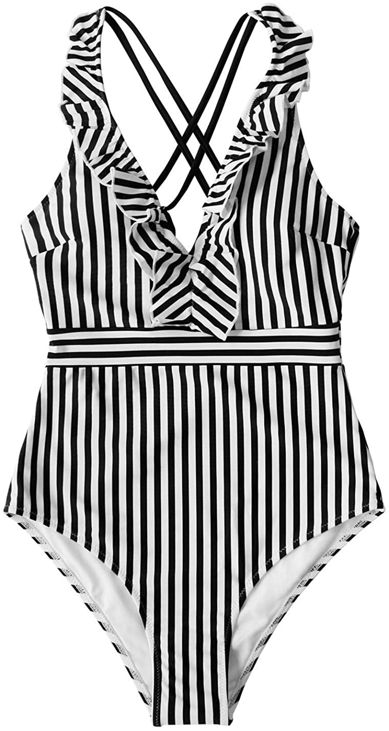 CUPSHE Women'S V Neck One Piece Swimsuit Ruffled Back Cross Swimwear Apparel & Accessories > Clothing > Swimwear Kylie Max
