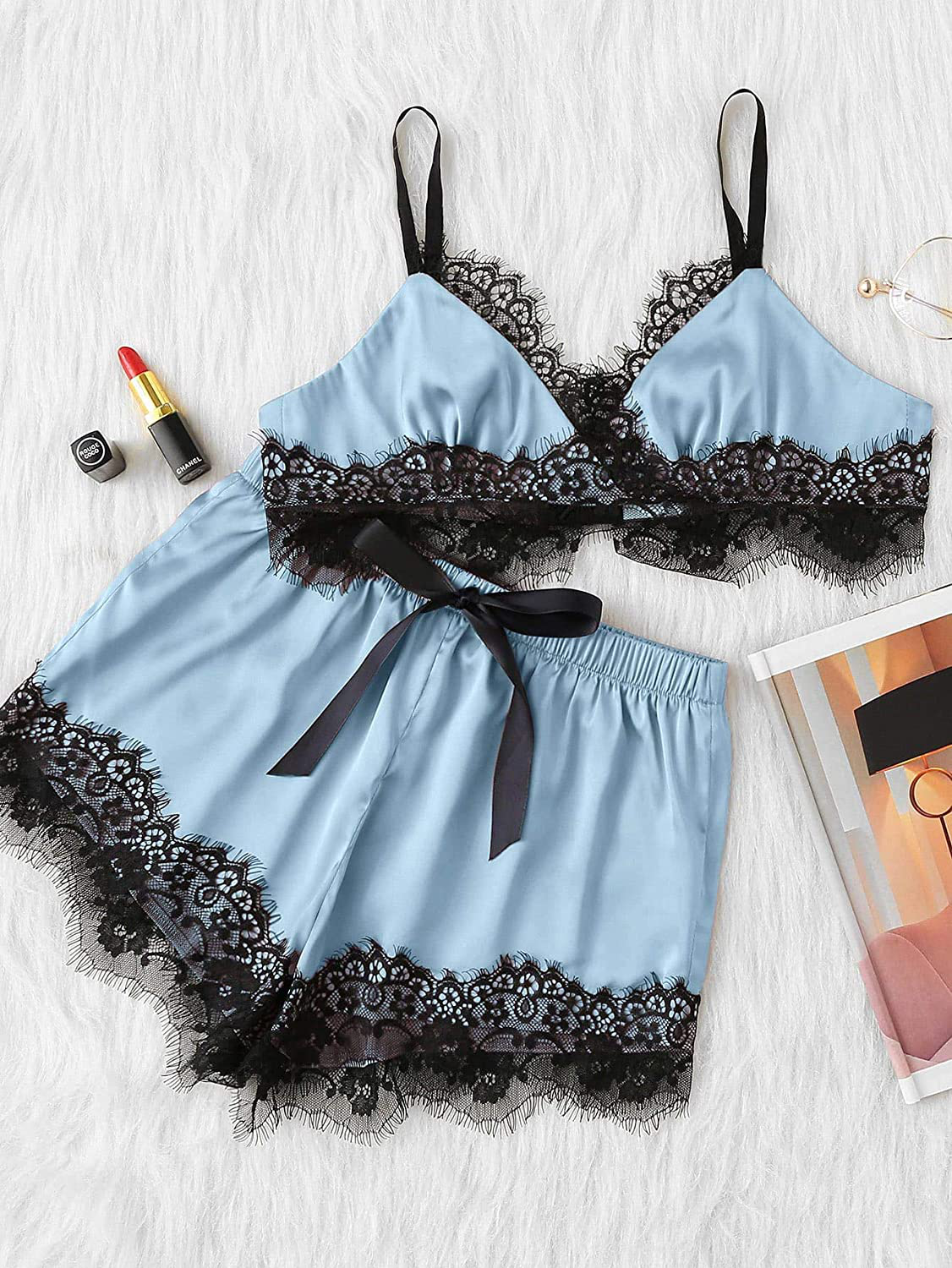 Sweatyrocks Women'S Lace Trim Underwear Lingerie Straps Bralette and Panty Set Apparel & Accessories > Clothing > Sleepwear & Loungewear Kylie Max