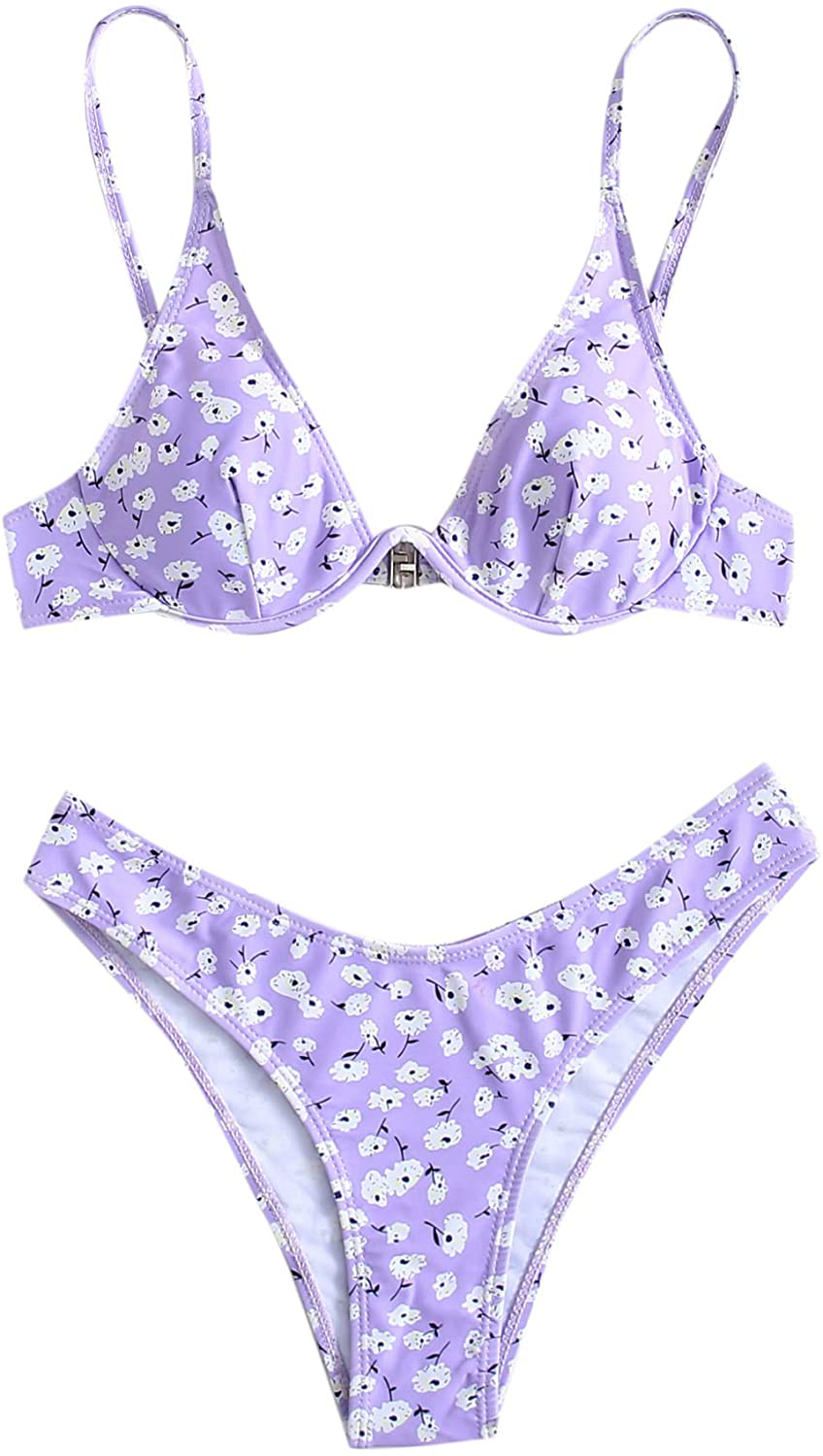 SweatyRocks Women's Sexy Bathing Suits Spaghetti Strap Floral Bikini Set Underwire Swimsuit Apparel & Accessories > Clothing > Swimwear SweatyRocks Floral Purple Small