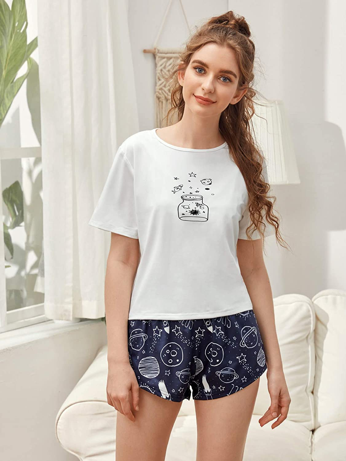 DIDK Women's Cute Cartoon Print Tee and Shorts Pajama Set Apparel & Accessories > Clothing > Sleepwear & Loungewear > Pajamas DIDK