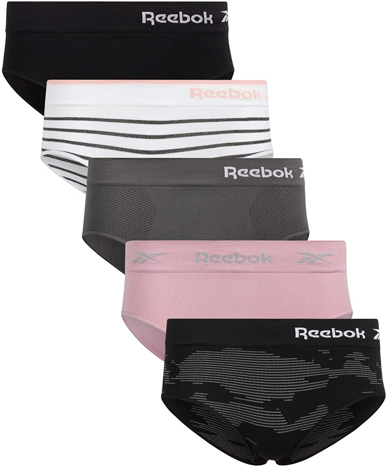 Reebok Women'S Underwear - Seamless Hipster Briefs (5 Pack) Apparel & Accessories > Clothing > Underwear & Socks > Underwear Reebok Grey/Black/Blush/Stripe White/Black Camo Medium