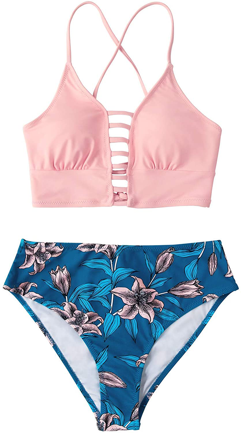 CUPSHE Women’s Bikini Swimsuit Floral Print Lace Up Multi Color Strappy Two Piece Bathing Suit Apparel & Accessories > Clothing > Swimwear CUPSHE Pink Floral Small