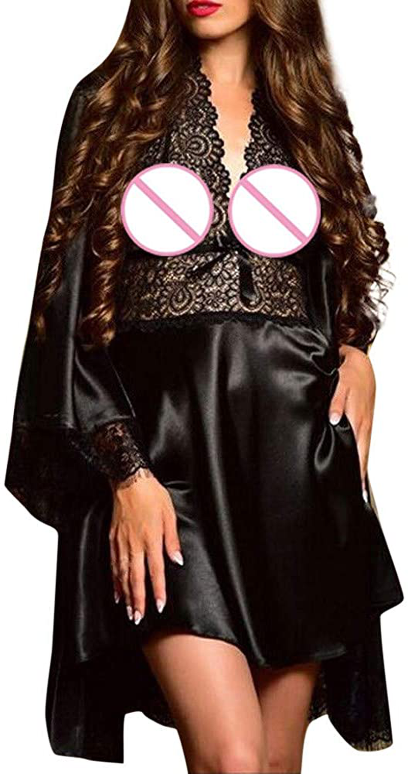 Women Satin Sleepwear Kimono Robe Sexy Lace Bodysuit Babydoll Lingerie Nightdress Pajamas Set Apparel & Accessories > Clothing > Underwear & Socks > Lingerie MOOKO