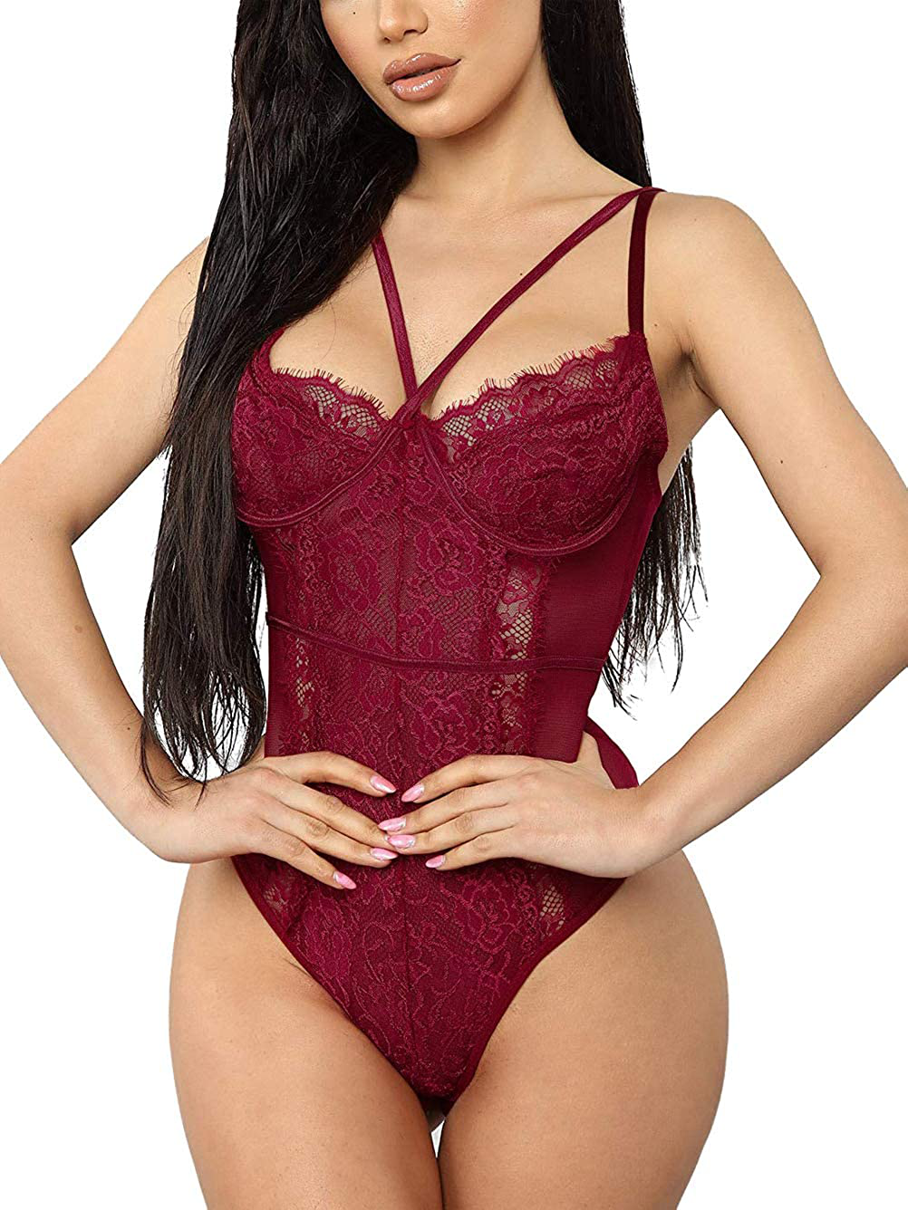See Through Lingerie,V-Neck Lace Babydoll,Sexy Lingerie Women,One Piece Bodysuit Apparel & Accessories > Clothing > Underwear & Socks > Lingerie Kaei&Shi Burgundy Small