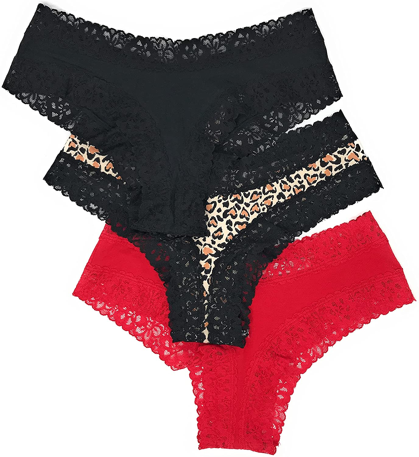 Victoria'S Secret Lace Cheeky Panty Set of 3 Apparel & Accessories > Clothing > Underwear & Socks > Underwear Victoria's Secret Black / Brown Heart Leo / Red Medium